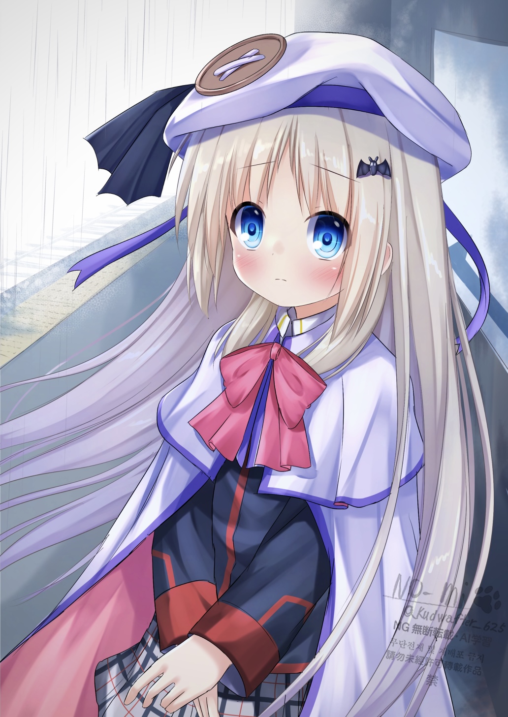 1girl beret blonde_hair blue_eyes blush bow bowtie cloak closed_mouth commentary_request hat highres kud_wafter kudpoid_(71139) little_busters! little_busters!_school_uniform long_hair long_sleeves noumi_kudryavka pink_bow pink_bowtie school_uniform solo very_long_hair white_cloak white_hat