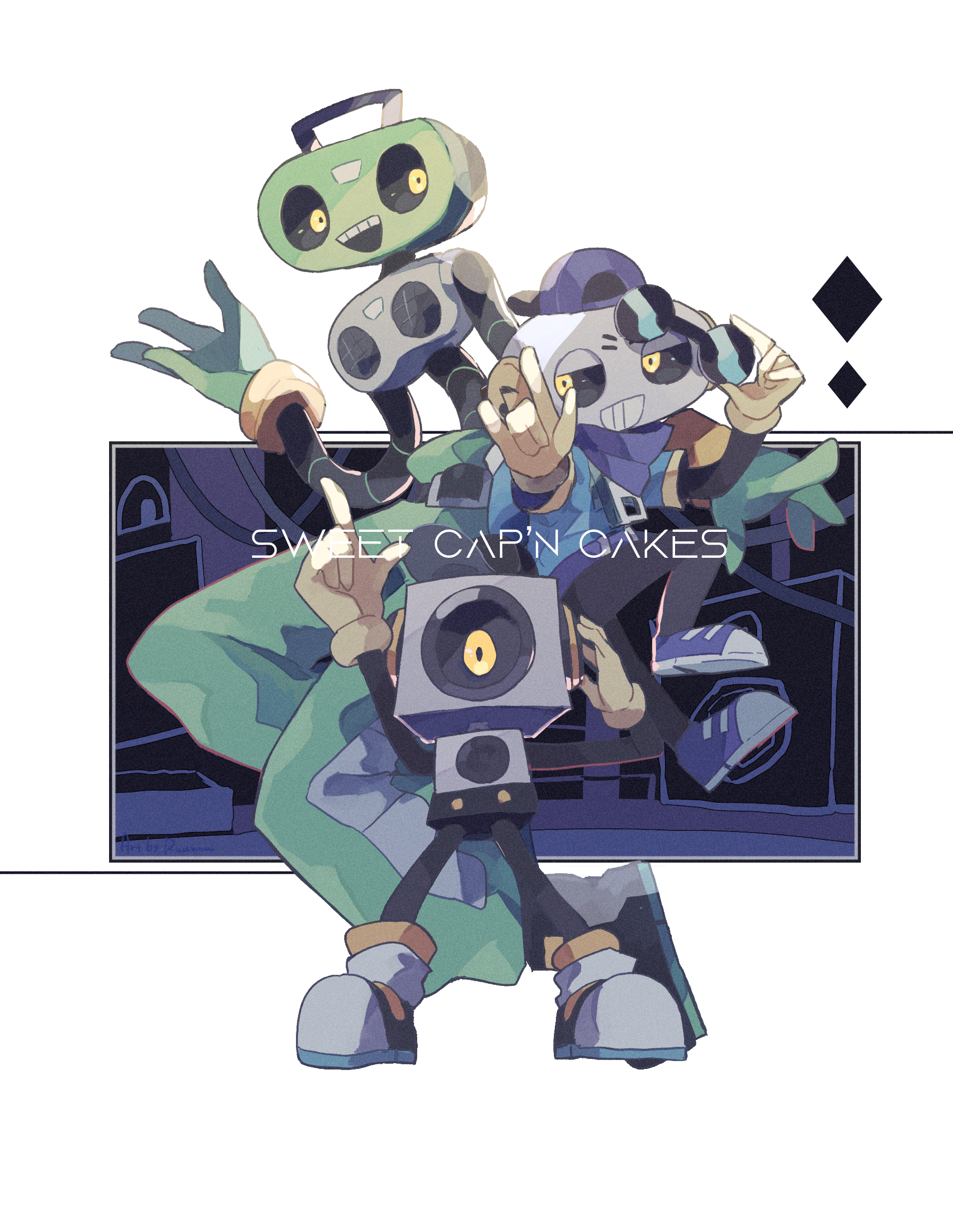 3boys :d \m/ backwards_hat baseball_cap belt black_belt black_footwear black_hat black_pants blue_jacket cap'n_(deltarune) cassette_player cd_player character_name deltarune full_body gloves green_gloves green_pants hat highres holding holding_removed_eyewear hood hood_down hooded_jacket humanoid_robot jacket k_k_(deltarune) male_focus mechanical_arms multiple_boys object_head open_mouth pants purple_bandana purple_belt purple_footwear purple_hat robot ruannu smile socks speaker standing sunglasses sweet_(deltarune) teeth unworn_eyewear upper_teeth_only white_socks yellow_eyes yellow_gloves