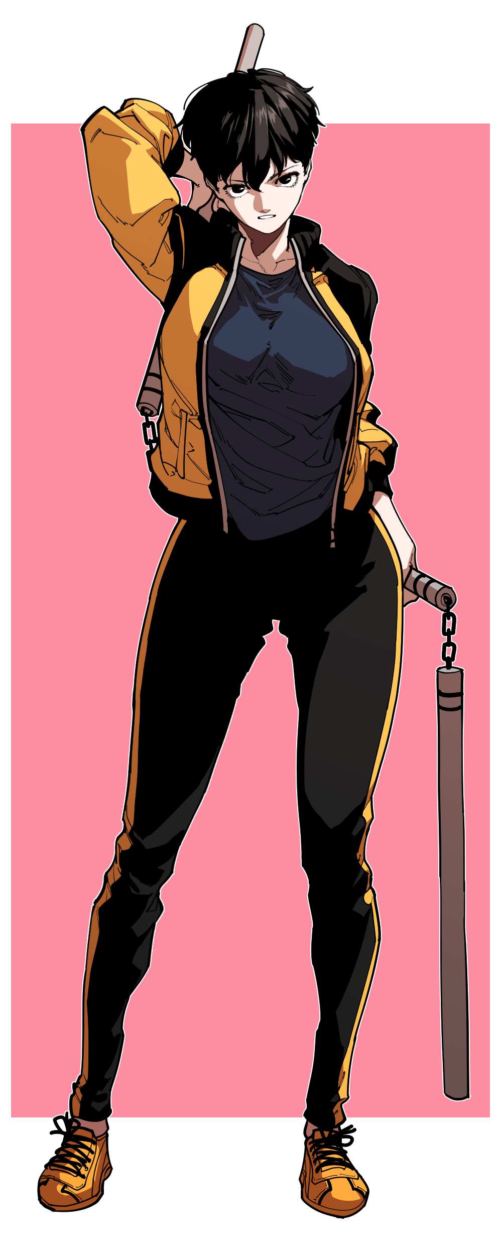 1girl absurdres arm_up black_eyes black_hair black_jacket black_pants blue_shirt breasts commentary_request full_body highres holding holding_nunchaku holding_weapon jacket korean_commentary long_sleeves looking_at_viewer nunchaku open_clothes open_jacket orange_jacket orange_pants orange_shoes original pants pink_background rocklobster52s ryu_jion_(rocklobster52s) shirt shoes short_hair solo standing striped_clothes striped_pants tomboy v-shaped_eyebrows vertical-striped_clothes vertical-striped_pants weapon