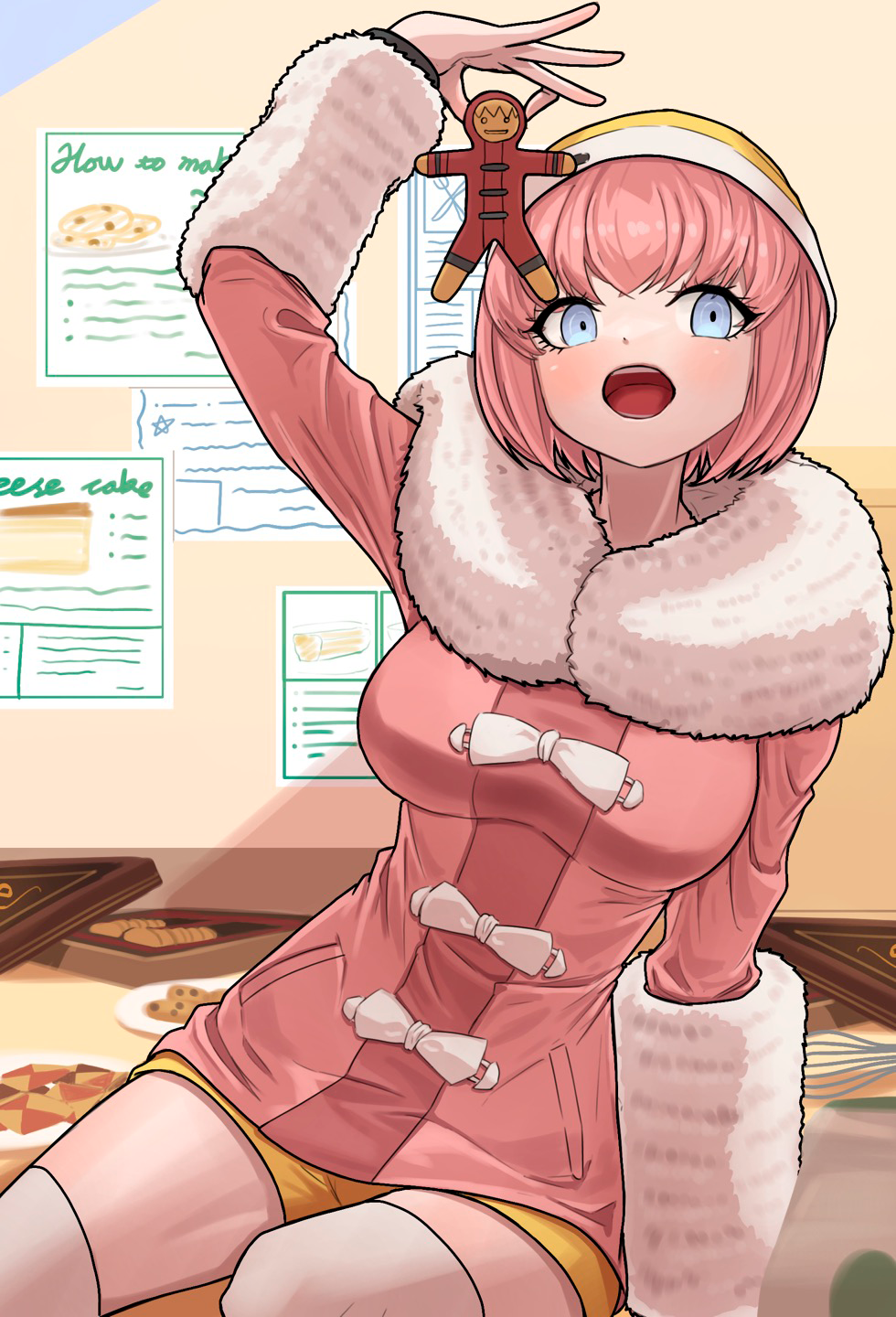 1girl ando_ruruka beanie blue_eyes bow breasts coat cookie danganronpa_(series) danganronpa_3_(anime) food fur-trimmed_jacket fur_trim hat highres horskaman izayoi_sounosuke jacket open_mouth pink_coat pink_jacket recipe short_hair shorts sitting yellow_shorts