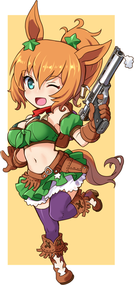 1girl ;d animal_ears armband belt black_thighhighs blue_eyes boots breasts brown_belt brown_boots brown_gloves commentary cowboy_boots crop_top firing fringe_trim full_body gloves green_shirt green_skirt gun hair_ornament halterneck handgun holding holding_gun holding_weapon holster horse_ears horse_girl horse_tail katahira_masashi layered_skirt leg_up looking_at_viewer medium_breasts medium_hair midriff miniskirt navel one_eye_closed open_mouth orange_hair ponytail shell_casing shirt skirt smile solo standing standing_on_one_leg star_(symbol) star_hair_ornament taiki_shuttle_(umamusume) tail thighhighs umamusume weapon