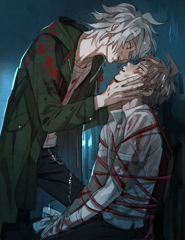 2boys ahoge black_pants blue_background bound brown_hair bruise bruise_on_face collared_shirt commentary_request danganronpa_(series) danganronpa_2:_goodbye_despair dg_xhs eye_contact green_jacket grey_hair hair_between_eyes hand_on_another&#039;s_face hinata_hajime hood hood_down injury jacket komaeda_nagito korean_commentary long_sleeves looking_at_another male_focus messy_hair multiple_boys open_clothes open_jacket open_mouth pants rope shirt short_hair short_sleeves sitting smile standing tied_up_(nonsexual) wet wet_clothes wet_shirt white_shirt yaoi
