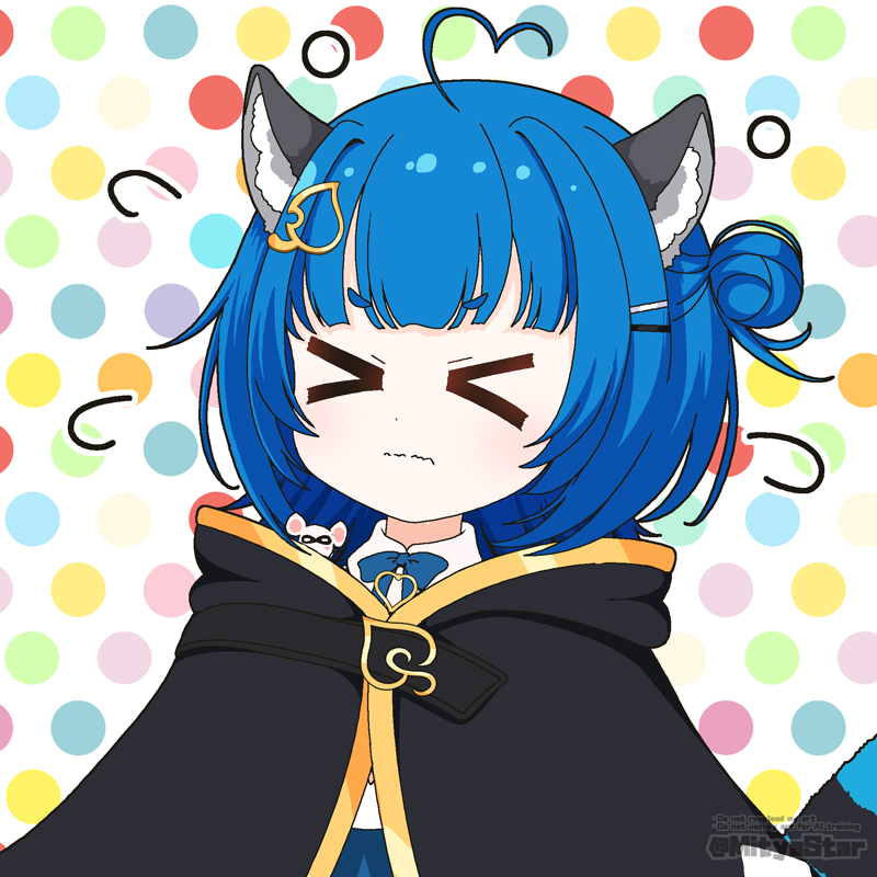 &gt;_&lt; 1girl ahoge animal_ear_fluff animal_ears black_cloak blue_bow blue_hair blue_skirt boots bow chromashift cloak closed_eyes closed_mouth collared_shirt commentary_request english_text flying_sweatdrops hair_bun hair_ornament hairclip heart heart_ahoge hood hood_down hooded_cloak mitya multicolored_boots poko_rakun poko_rakun_(1st_costume) polka_dot polka_dot_background raccoon_ears raccoon_girl raccoon_tail shirt short_eyebrows single_side_bun skirt solo striped_tail tail thick_eyebrows twitter_username v-shaped_eyebrows virtual_youtuber watermark wavy_mouth white_background white_shirt