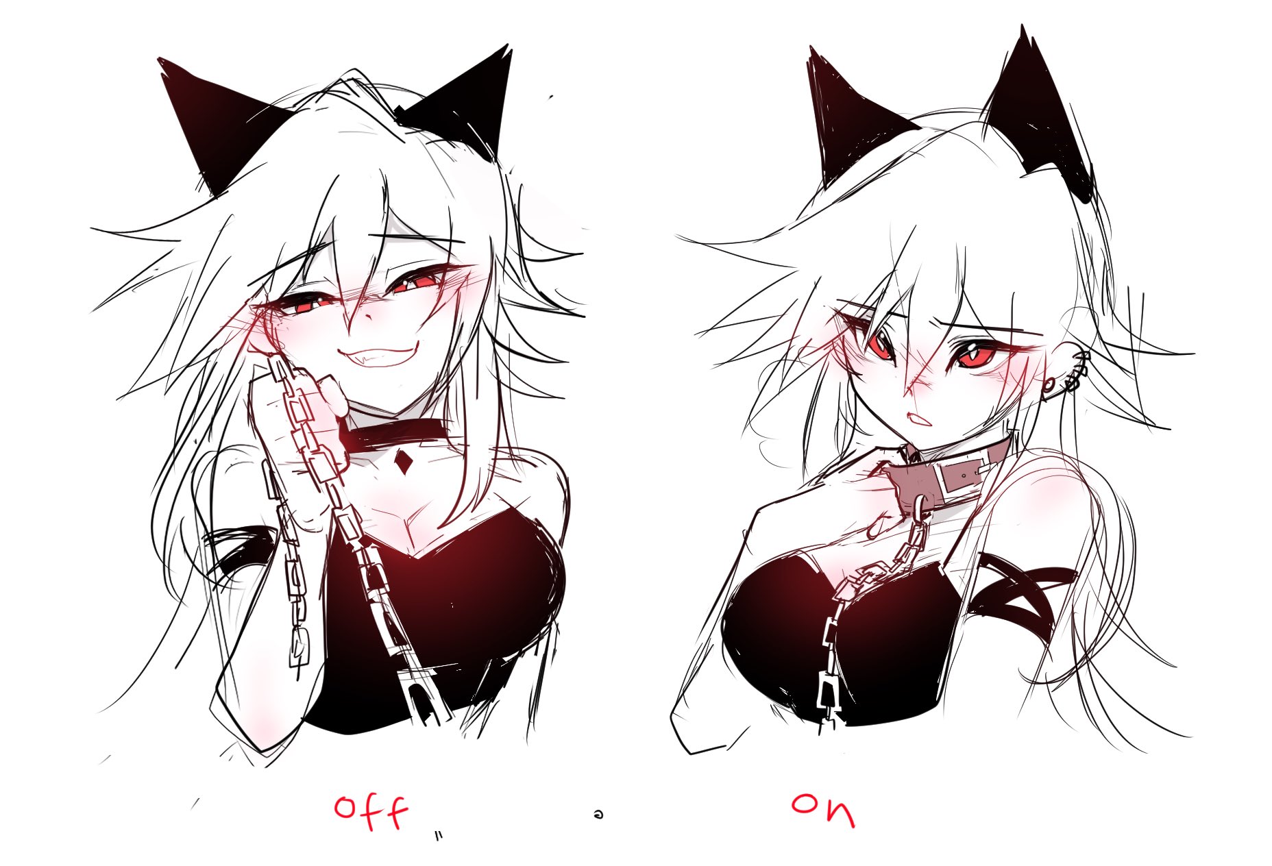 1girl animal_ears armlet chain collar crop_top cry_(crydiaa) crydiaa_(artist) earrings fang highres indie_virtual_youtuber jewelry leash long_hair original pointy_hair red_eyes sketch white_background wolf_ears