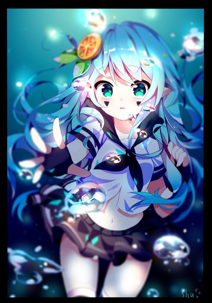 1girl aotu_world artist_name black_gloves black_neckwear black_skirt blue_hair blush bubble female_focus fingerless_gloves food-themed_hair_ornament gloves green_eyes hair_ornament long_hair looking_at_viewer navel orange_hair_ornament parted_lips shu_(pjxv7485) skirt smile solo thighhighs underwater