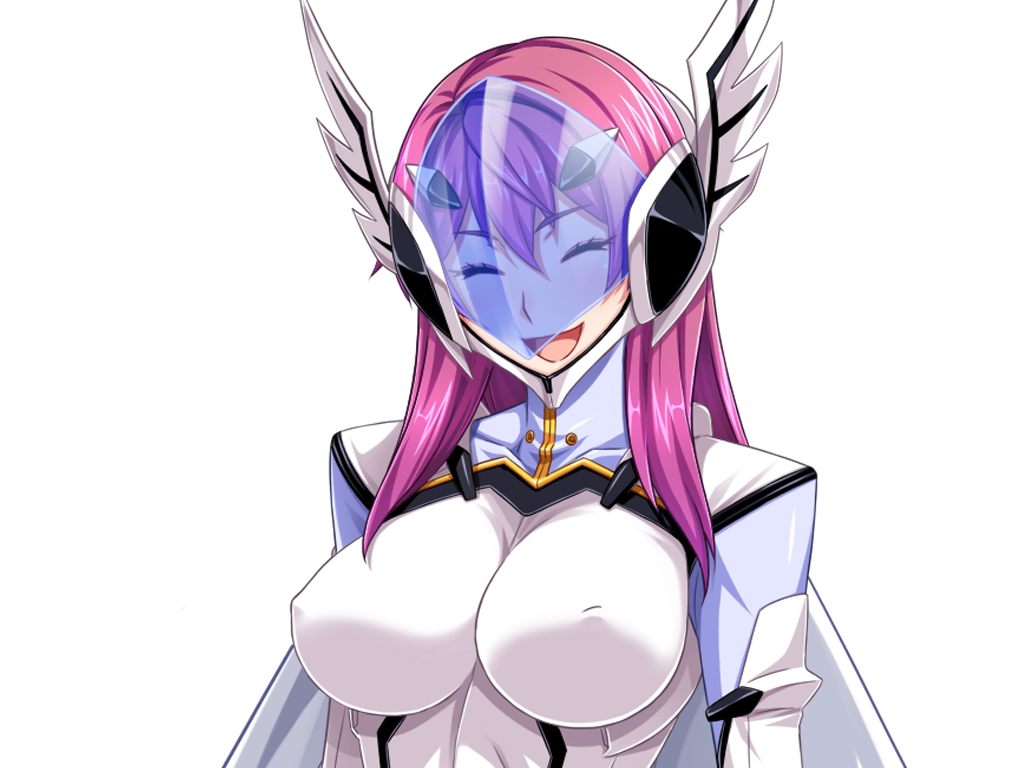 1girl :d ^_^ assault_visor bodysuit breasts closed_eyes covered_erect_nipples game_cg helmet impossible_bodysuit impossible_clothes large_breasts large_variant_set long_hair non-web_source official_art open_mouth pink_hair prism_reica shindou_hatsune skin_tight smile solo soukou_senki_prism_reica transparent_background upper_body variant_set white_bodysuit winged_helmet