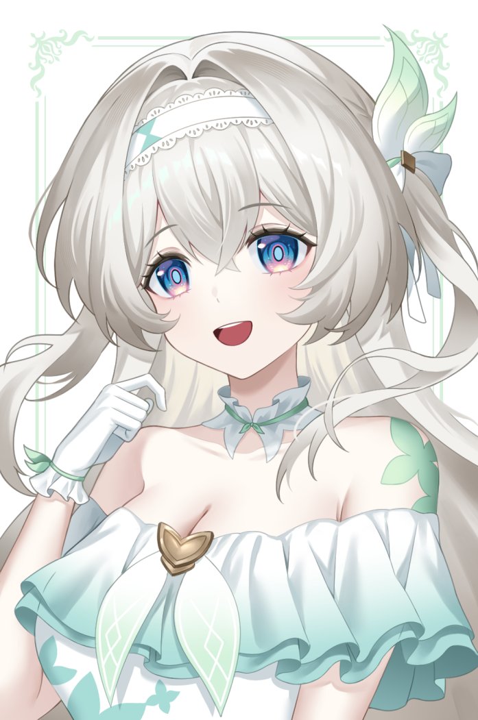 1girl :d aqua_dress bare_shoulders blush breasts choker cleavage dress firefly_(honkai:_star_rail) gloves grey_hair hair_intakes hairband honkai:_star_rail honkai_(series) long_hair looking_at_viewer off-shoulder_dress off_shoulder open_mouth purple_eyes rio_(rio773) smile solo two_side_up upper_body very_long_hair white_background white_gloves white_hairband