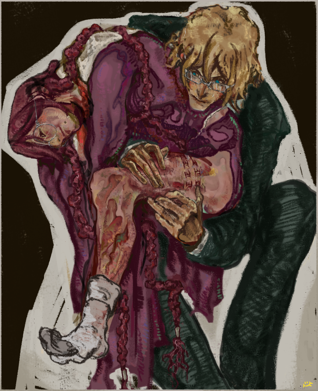 1boy 1girl blonde_hair blue_eyes danganronpa:_trigger_happy_havoc danganronpa_(series) formal_clothes fukawa_toko glasses highres lips long_hair painterly r4pira round_eyewear suit togami_byakuya very_long_hair