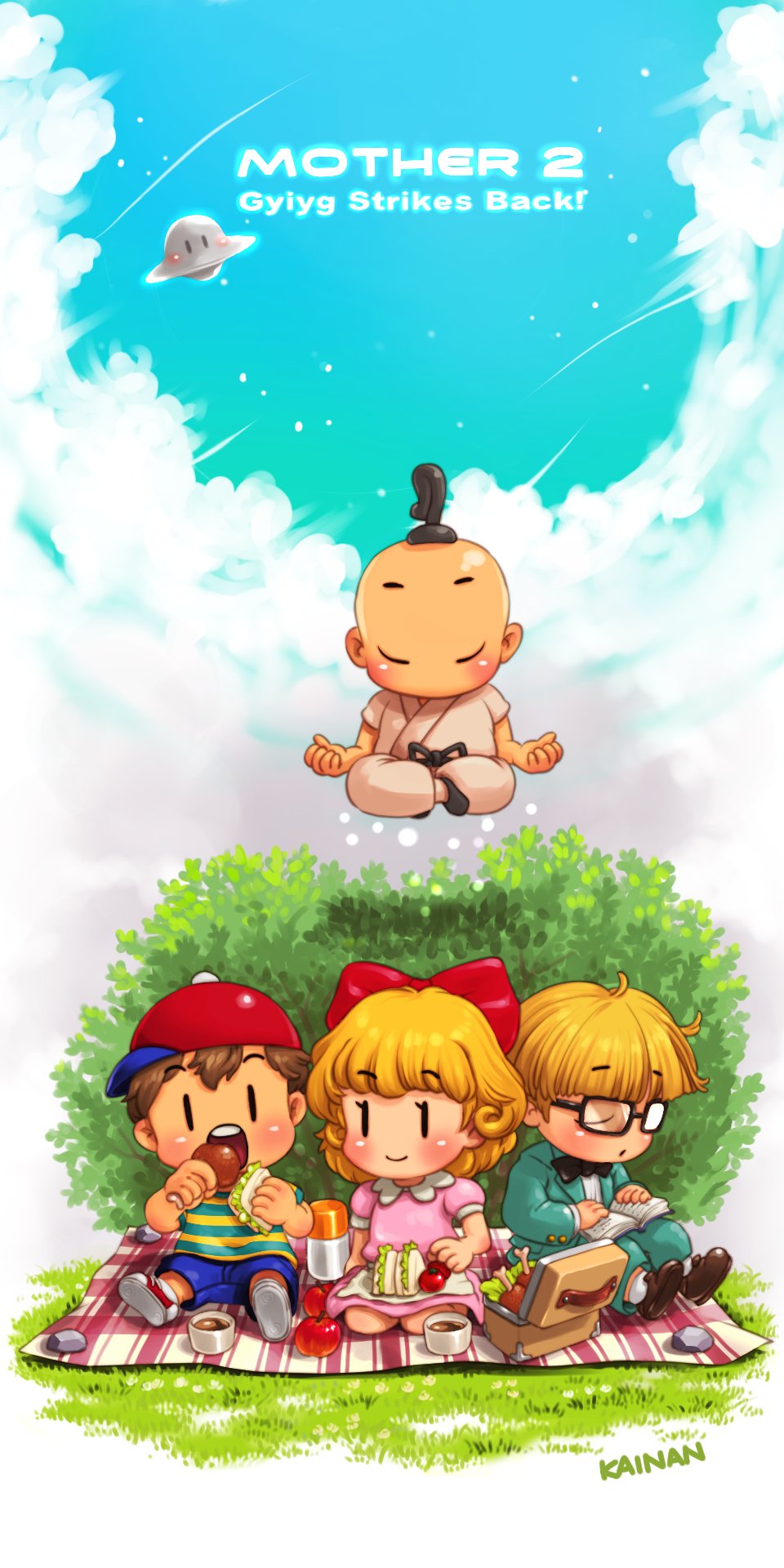 1girl 1other 3boys aqua_jacket aqua_pants artist_name baseball_cap belt black-framed_eyewear black_belt black_bow black_hair blonde_hair blue_shirt blue_shorts blue_sky blunt_bangs blush boned_meat book book_on_lap bow bowtie box brown_hair bush closed_eyes closed_mouth cloud commentary copyright_name cup dougi dress drink eating floating flying food formal_clothes gingham glasses grass hair_bow hat highres holding holding_food indian_style jacket japanese_clothes jeff_andonuts kainan li&#039;l_ufo meat meditation medium_hair mother_(series) mother_2 multiple_boys ness_(mother_2) nintendo open_book open_mouth outdoors pants paula_(mother_2) picnic picnic_blanket pink_dress ponytail poo_(mother_2) puffy_short_sleeves puffy_sleeves red_bow rock sandwich shirt short_hair short_sleeves shorts sitting sky sleeping sleeping_upright smile striped_clothes striped_shirt suit tea thermos two-tone_shirt ufo white_shirt yellow_shirt |_|