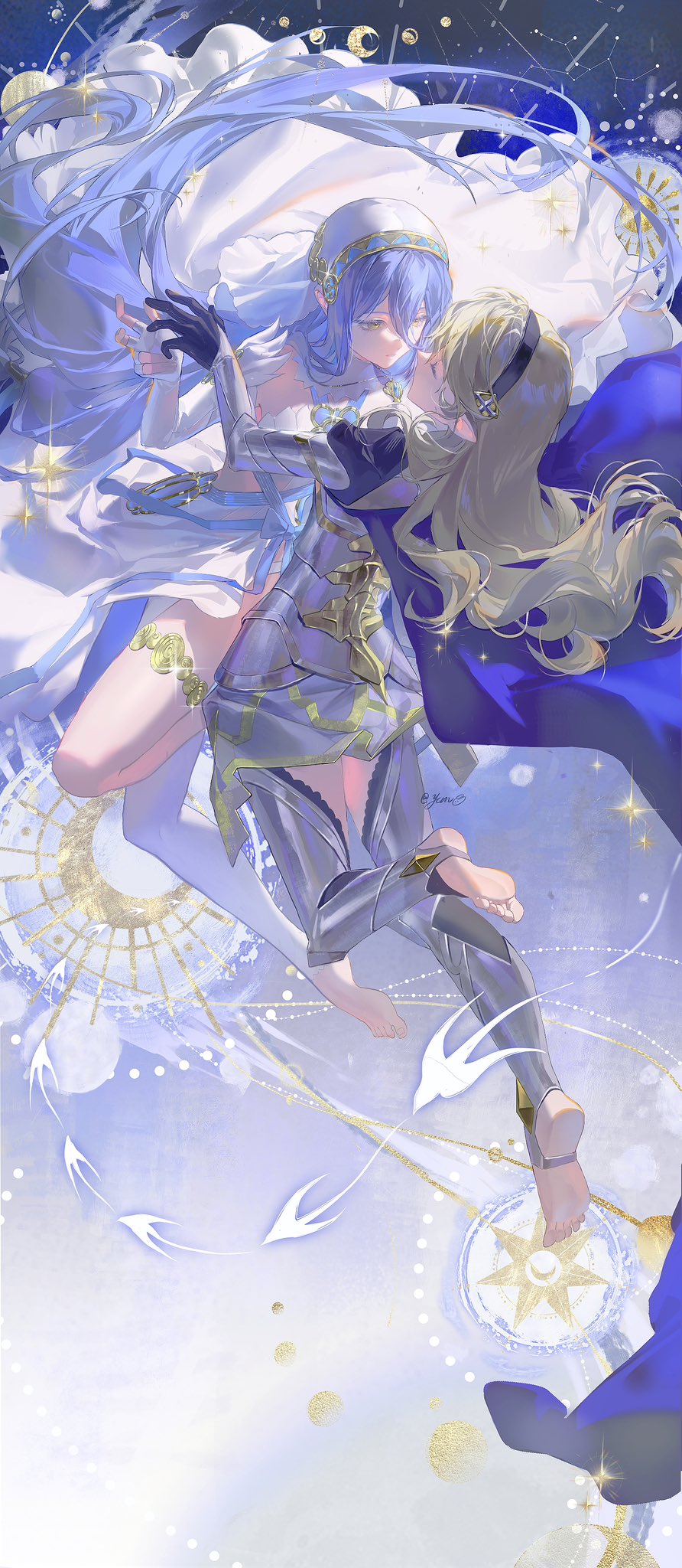 2girls azura_(fire_emblem) barefoot black_hairband blue_hair cape dress elbow_gloves female_corrin_(fire_emblem) fingerless_gloves fire_emblem fire_emblem_fates gloves hair_between_eyes hairband headdress highres jewelry long_hair multiple_girls nintendo pointy_ears single_leg_pantyhose stirrup_legwear thighlet toeless_legwear veil very_long_hair white_dress yellow_eyes yun_(dl2n5c7kbh8ihcx) yuri