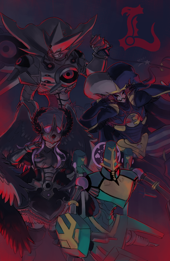 1girl 3boys angel_wings appmon armor beautymon biomon charismon digimon digimon_universe:_appli_monsters fakemon_(appmon) mecha mechanical_wings multiple_boys no_humans red_eyes robot wings