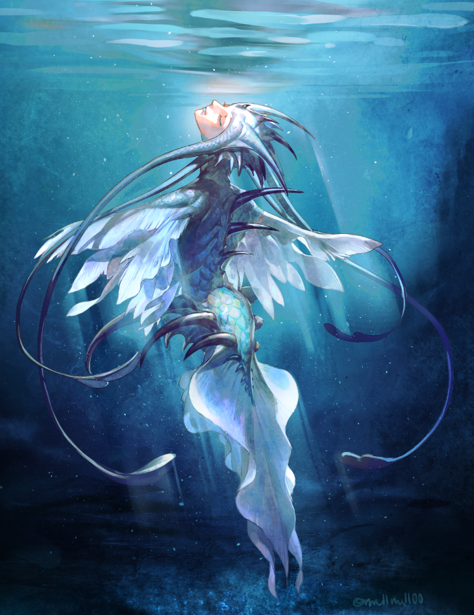 1girl blue_background blue_theme closed_eyes closed_mouth fins fish_girl fish_tail gills head_fins monster_girl mullmull02 no_arms no_feet original solo tagme tail tentacle_hair twitter_username underwater