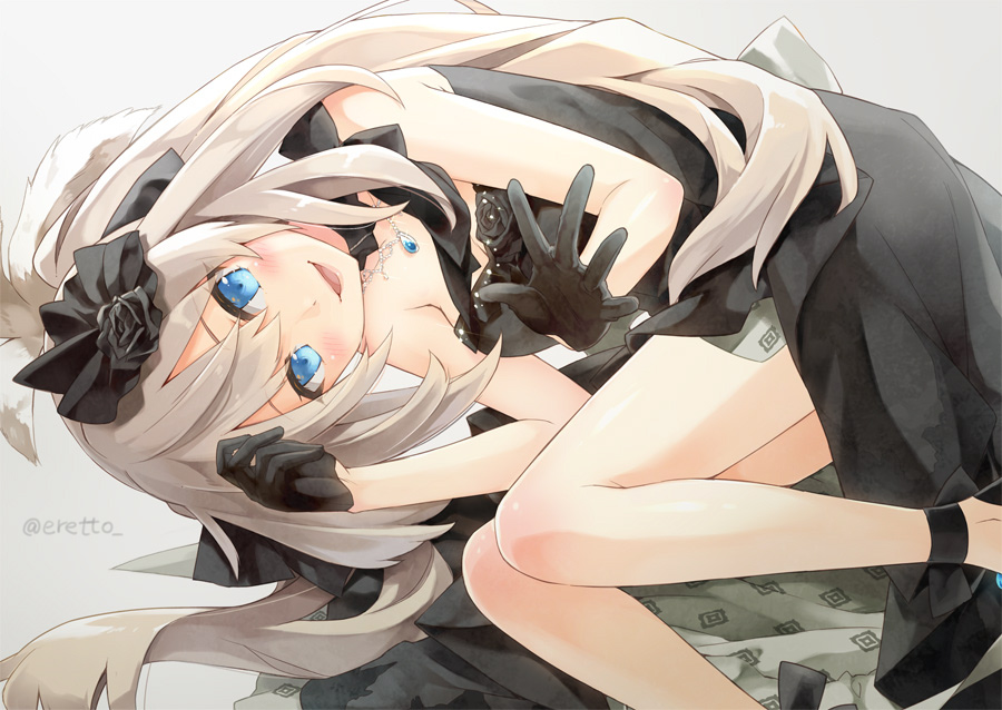 1girl :d bare_arms bare_shoulders black_dress black_flower black_gloves black_rose blue_eyes blush breasts cleavage cowboy_shot detached_collar dress eretto fate/grand_order fate_(series) feather_hair_ornament feathers female_focus flower gem gloves hair_flower hair_ornament jewelry light_particles long_hair looking_at_viewer marie_antoinette_(fate) marie_antoinette_(formal_dress)_(fate) medium_breasts necklace official_alternate_costume open_mouth pendant petals rose rose_petals silver_hair smile solo standing strapless strapless_dress twintails