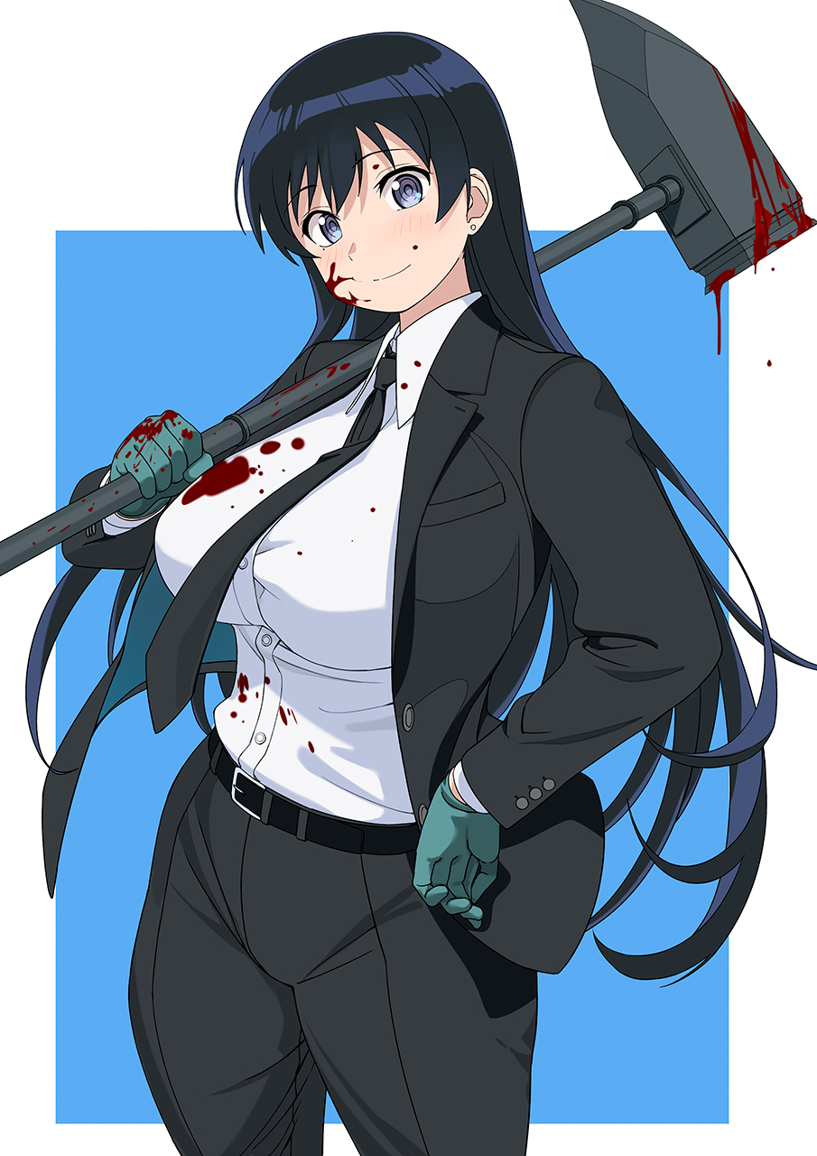 1girl a1_(initial-g) arato_nagi belt black_hair black_necktie black_pants blood blood_on_clothes blood_on_face bloody_weapon blue_eyes breasts closed_mouth collared_shirt earrings gloves green_gloves hammer highres holding holding_hammer jewelry large_breasts long_hair looking_at_viewer necktie pants ruri_no_houseki shirt simple_background smile solo stud_earrings weapon white_background white_shirt