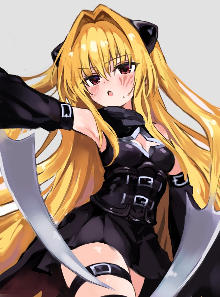 1girl baru_4416 black_dress black_sleeves blonde_hair blush breasts character_request cleavage commentary_request cowboy_shot detached_sleeves dress hair_between_eyes hair_intakes hair_ornament konjiki_no_yami messy_bangs open_mouth pleated_skirt red_eyes simple_background skirt small_breasts solo thigh_strap to_love-ru to_love-ru_darkness