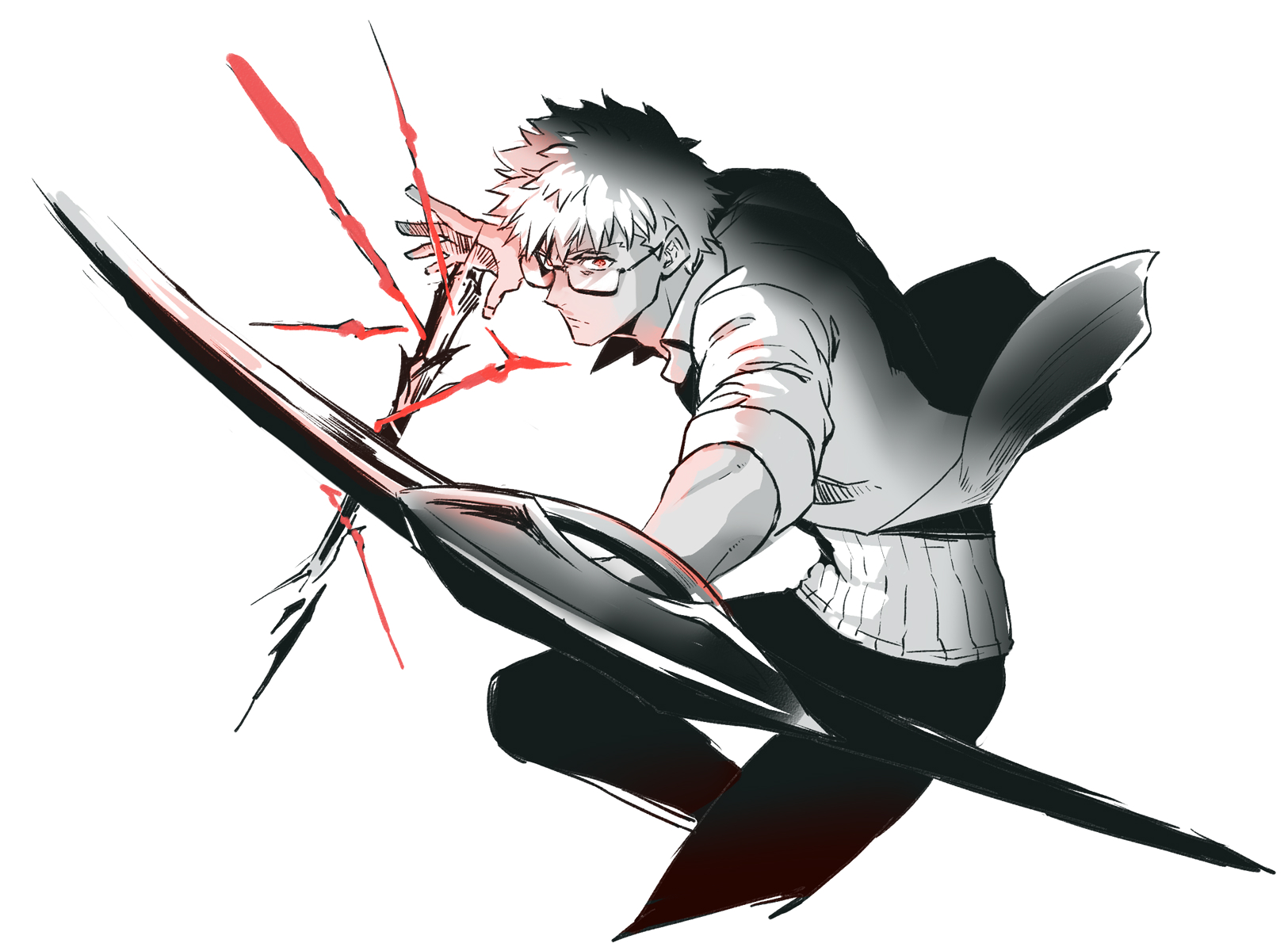 1boy archer_(fate) archer_(summer_casual)_(fate) bow_(weapon) fate/grand_order fate_(series) fighting_stance glasses highres hrunting_(fate) magic male_focus monochrome round_eyewear shibanui weapon