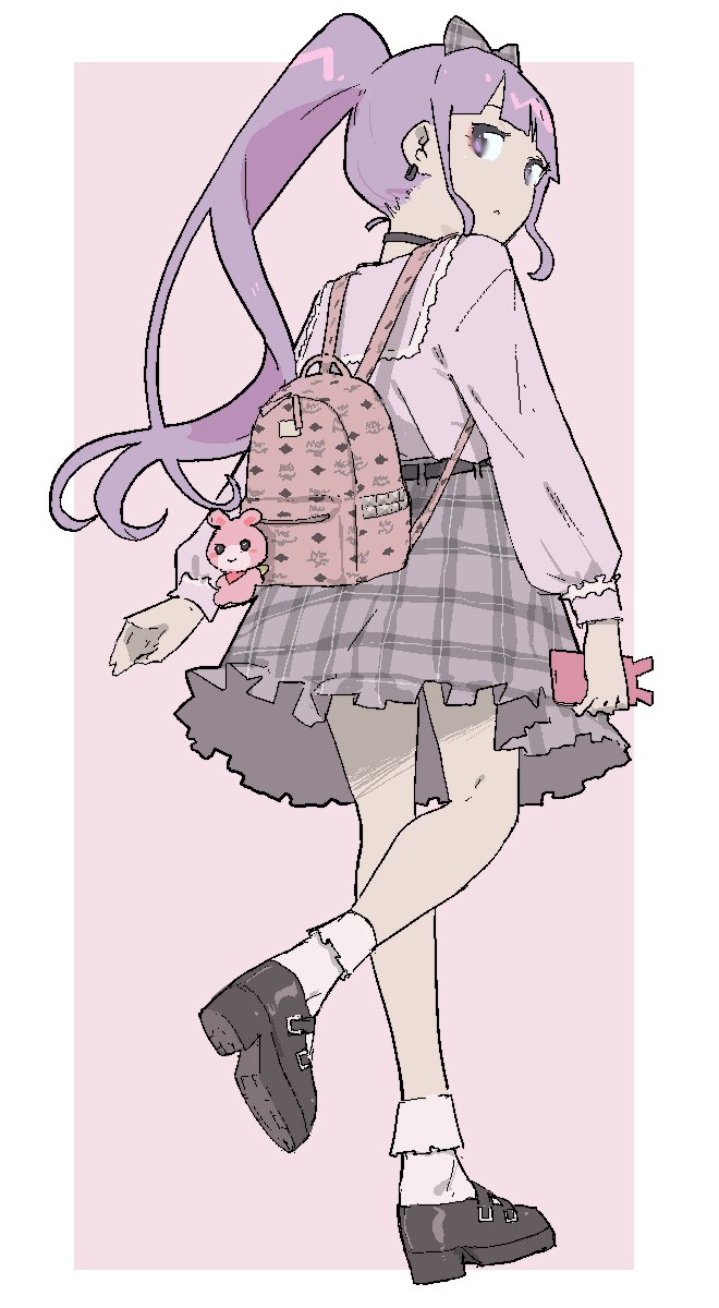 1girl backpack bag bag_charm belt black_belt black_choker black_shoes blouse blunt_bangs bow cellphone charm_(object) choker collared_shirt commentary_request earrings eyeshadow from_behind full_body grey_bow grey_skirt hair_bow high_ponytail highres jewelry kemura_(puripurinea) light_purple_hair long_hair long_sleeves looking_at_viewer looking_back makeup manaka_non phone pink_bag pink_eyeshadow pink_shirt plaid_clothes plaid_skirt ponytail pretty_series pripara purple_eyes purple_hair shirt shoes skirt smartphone socks solo standing stuffed_animal stuffed_rabbit stuffed_toy usacha very_long_hair white_socks