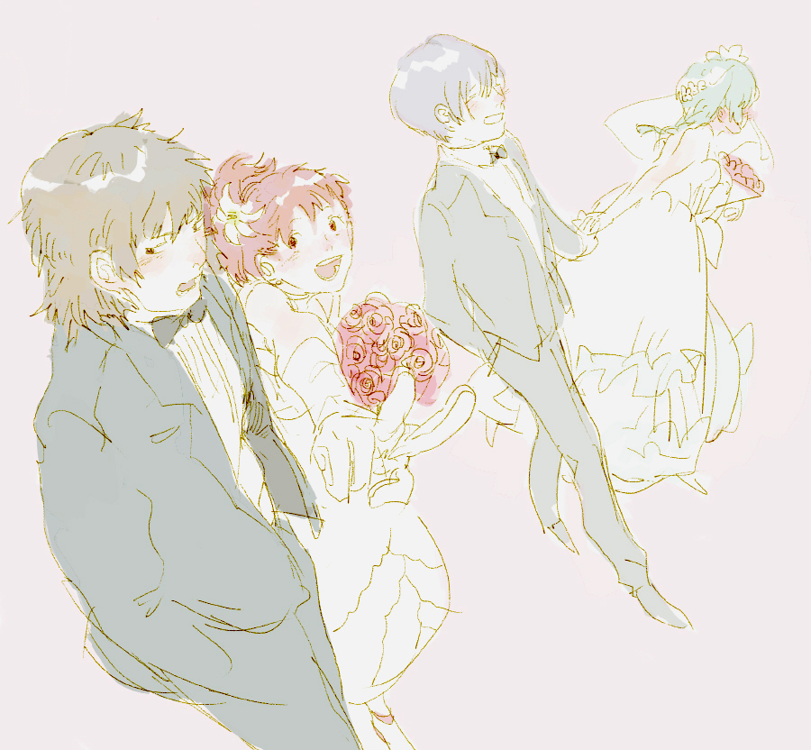 2boys 2girls amber389 aqua_hair aragaki_shinjirou atlus blue_hair blush bow brown_hair couple dress hair_ornament hetero megami_tensei multiple_boys multiple_girls no_headwear persona persona_3 persona_3_portable persona_4:_the_ultimate_in_mayonaka_arena player_character red_eyes red_hair shin_megami_tensei shiomi_kotone short_hair skirt smile tuxedo wedding_dress yamagishi_fuuka yuuki_makoto_(persona_3)