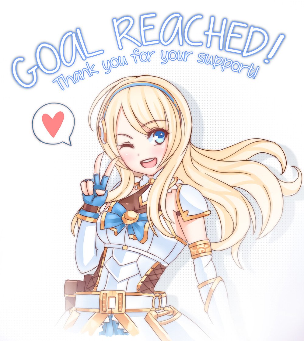 1girl ;d armor armored_dress belt blonde_hair blue_eyes bow buckle corset crystalline detached_sleeves dress english_text faulds female_focus fingerless_gloves gloves hairband heart leanna_dawn long_hair one_eye_closed open_mouth pauldrons shoulder_armor single_fingerless_glove smile solo speech_bubble sunimu v