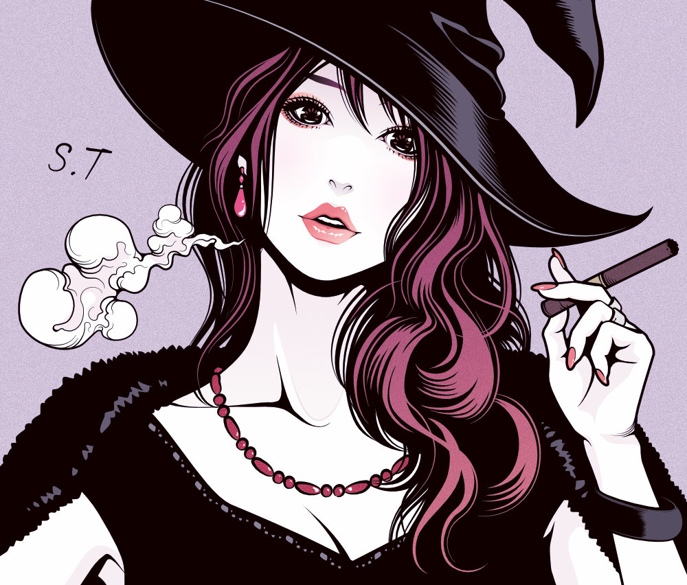 1girl aged_down black_dress black_fur black_hat bracelet breasts cigar cleavage collarbone commentary_request dress earrings eyelashes eyeshadow fur_trim hair_between_eyes hat holding holding_cigar howl_no_ugoku_shiro jewelry limited_palette lips long_hair looking_at_viewer makeup necklace pale_skin parted_lips pink_eyes pink_hair pink_nails portrait purple_background signature simple_background smoke solo spot_color takanashi_shin teeth witch_hat witch_of_the_waste