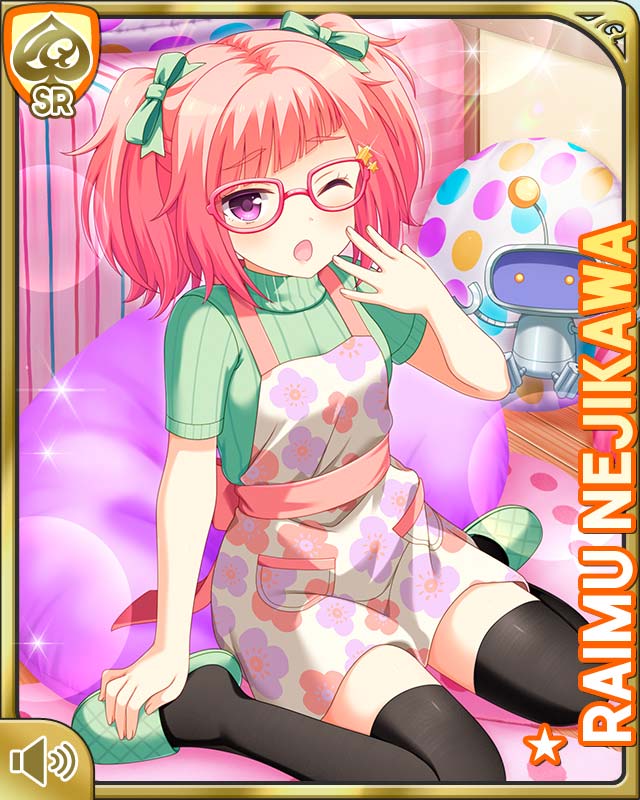 1girl ;o apron black_thighhighs bow character_name denim denim_shorts girlfriend_(kari) glasses green_footwear hair_bow indoors kneeling nejikawa_raimu night official_art on_bed one_eye_closed open_mouth pink_hair purple_eyes qp:flapper robot shorts smile tagme thighhighs twintails white_apron