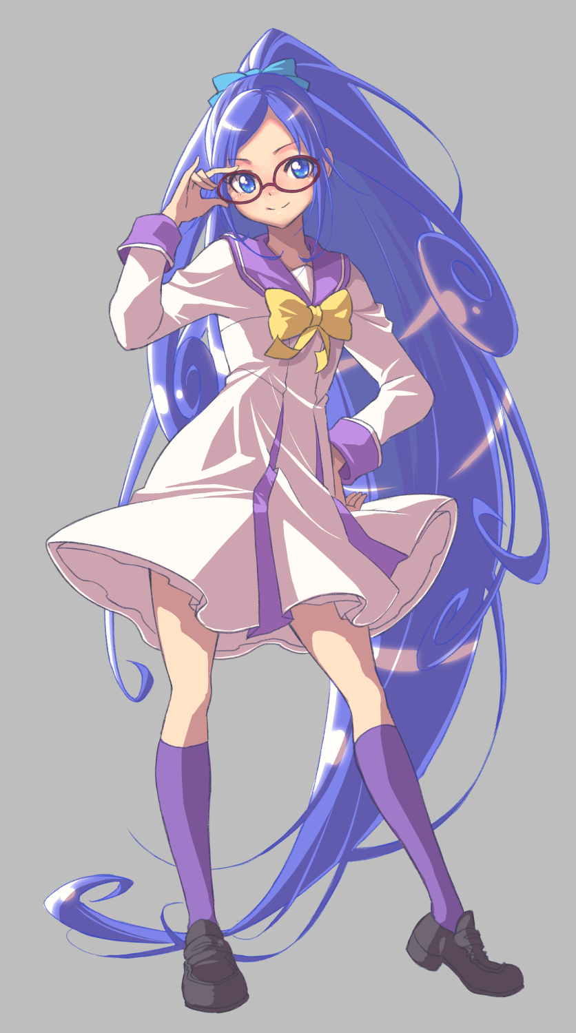 1girl blue_eyes blue_hair brown_footwear cure_diamond dokidoki!_precure dress full_body grey_background high_ponytail highres hishikawa_rikka jj_(ssspulse) long_hair neckerchief oogai_daiichi_middle_school_uniform ponytail precure purple_sailor_collar purple_socks sailor_collar school_uniform smile socks solo white_dress yellow_neckerchief
