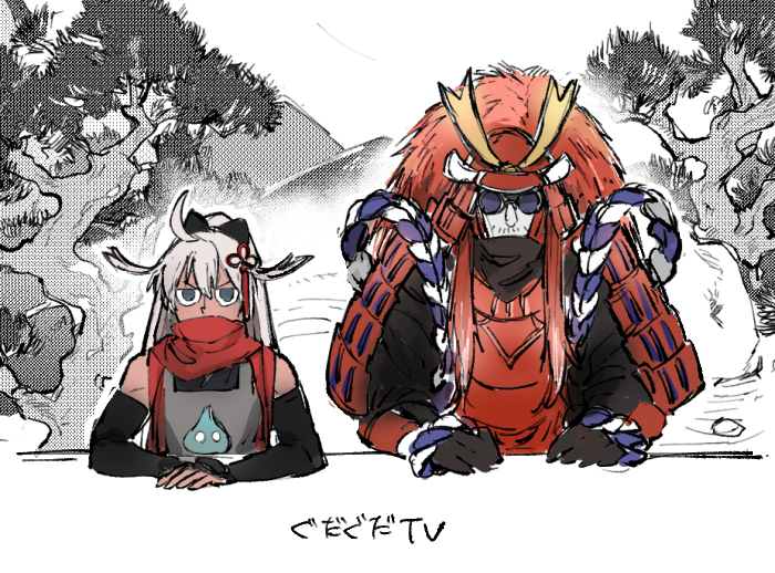 ahoge apron armor black_eyes dark_skin facial_hair fate/grand_order fate_(series) helmet imanatsu japanese_armor jitome kabuto_(helmet) long_hair mafia_kajita mustache nakamura_yuuichi okita_souji_alter_(fate) pauldrons ponytail red_hair rengoku_(fate) rengoku_alter_(fate) scarf shoulder_armor sunglasses voice_actor_connection zanzaburou_(fate)