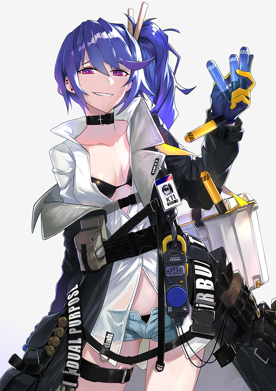 1girl 20x30mm_lv 20x30mm_lv_heab_k167 20x30mm_lv_p_k168 airburst_round ammunition anti-materiel_cartridge bikini black_bikini black_coat blouse blue_hair blue_shorts blush breasts buckle cannon_cartridge character_name chinese_commentary choker clothes_pin coat collarbone commentary_request cooler dropping earrings explosive fragmentation_grenade fragmentation_warhead girls&#039;_frontline grenade grenade_cartridge hair_between_eyes high-explosive_airburst_round high-explosive_cartridge highres holding holding_grenade jewelry k11_(girls&#039;_frontline) leather leather_choker long_hair long_shirt long_sleeves medium_breasts messy_hair military_cartridge multimeter multiple_earrings name_tag off_shoulder open_clothes open_coat open_fly parted_lips photoshop_(medium) pouch practice_round precision-guided_munition purple_eyes see-through_clothes shirt short_shorts shorts side_ponytail sidelocks simple_background smart_grenade smile snap-fit_buckle solo stud_earrings subsonic_ammunition swimsuit thighs trench_coat white_background white_shirt xiaozilongjiang