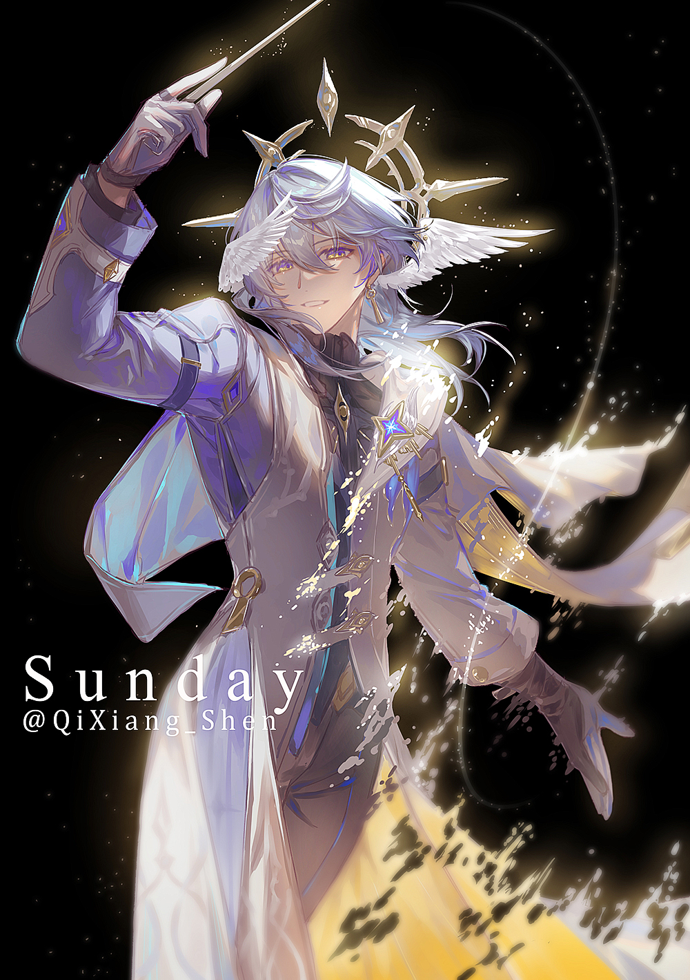 1boy artist_name black_background black_gloves black_pants black_shirt blue_jacket character_name conductor_baton cowboy_shot earrings feathered_wings gloves gold_earrings grey_hair hair_between_eyes halo halo_behind_head hand_up head_wings highres holding honkai:_star_rail honkai_(series) jacket jewelry long_sleeves looking_at_viewer multicolored_jacket pants purple_eyes qixiang_seren shirt short_hair sidelocks simple_background smile solo standing sunday_(honkai:_star_rail) sunday_(sacerdos&#039;_relived_ordeal)_(honkai:_star_rail) teeth two-tone_jacket white_jacket wings