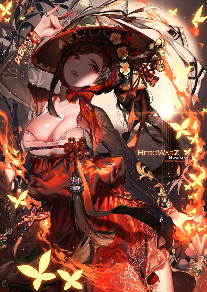 1girl arm_at_side arm_up artist_name bell black_hair bow braid breasts brown_hair bug butterfly character_name chin_strap cleavage closed_eyes collarbone copyright_name cowboy_shot female_focus fire floral_print flower fox_shadow_puppet glint glowing_butterfly hair_flower hair_ornament hair_ribbon hanbok hat head_tilt hero_warz herowarz huge_breasts hwaran insect jeonmo jewelry jingle_bell kawacy korean_clothes leaning_to_the_side lens_flare light_particles lips long_hair long_sleeves looking_away looking_up maedeup marble open_clothes open_shirt red_bow red_eyes ribbon ring see-through_clothes see-through_silhouette shade shiny_skin shirt solo tassel