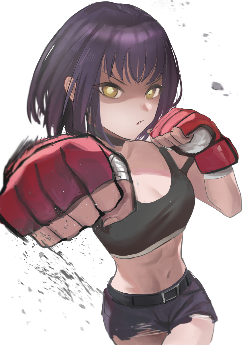 bandaged_fingers bandages black_hair blonde_hair choker clenched_hands commentary cowboy_shot fingerless_gloves gloves goddess_of_victory:_nikke hand_up highres looking_at_viewer midriff milk_(extreme_fighter)_(nikke) milk_(nikke) mma_gloves navel nihine_(u-u115) no_jacket official_alternate_costume outstretched_arm punching short_hair shorts simple_background sports_bra white_background