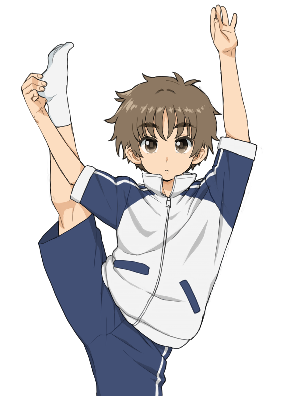 1boy brown_eyes brown_hair cardcaptor_sakura expressionless highres jacket li_syaoran looking_at_viewer male_focus short_hair shorts simple_background socks solo split standing standing_on_one_leg standing_split track_jacket wakaho_riku white_background