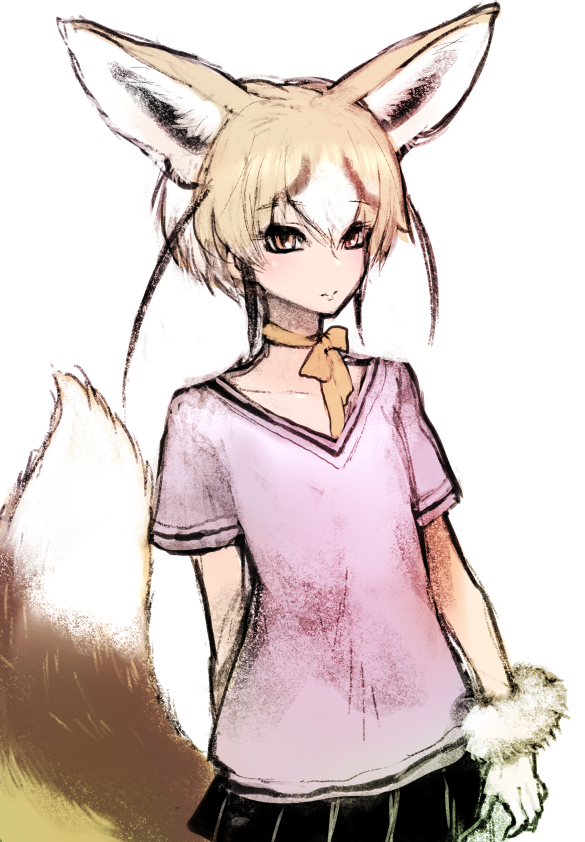 1girl animal_ears black_skirt brown_eyes brown_hair choker extra_ears fox_ears fox_girl fox_tail gloves ise_(0425) kemono_friends looking_at_viewer purple_shirt rueppell&#039;s_fox_(kemono_friends) shirt short_hair simple_background skirt solo t-shirt tail white_background