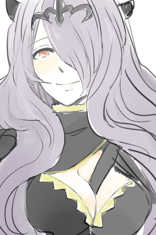 1girl black_tiara breasts camilla_(fire_emblem) cleavage closed_mouth donkuma_kakusei facing_viewer fire_emblem fire_emblem_fates hair_over_one_eye looking_at_viewer medium_breasts nintendo purple_eyes purple_hair smile tiara upper_body