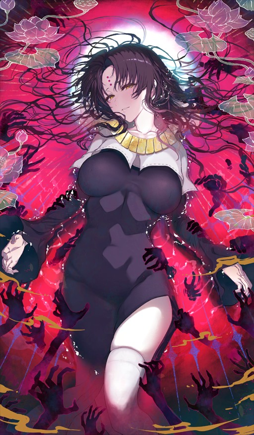 1girl black_dress black_hair breasts collarbone craft_essence_(fate) dress facial_mark fate/grand_order fate_(series) forehead_mark large_breasts long_hair looking_at_viewer lying nun official_art on_back partially_submerged pochi_(pochi-goya) sessyoin_kiara solo thighhighs third-party_source too_many_hands wavy_hair white_thighhighs yellow_eyes