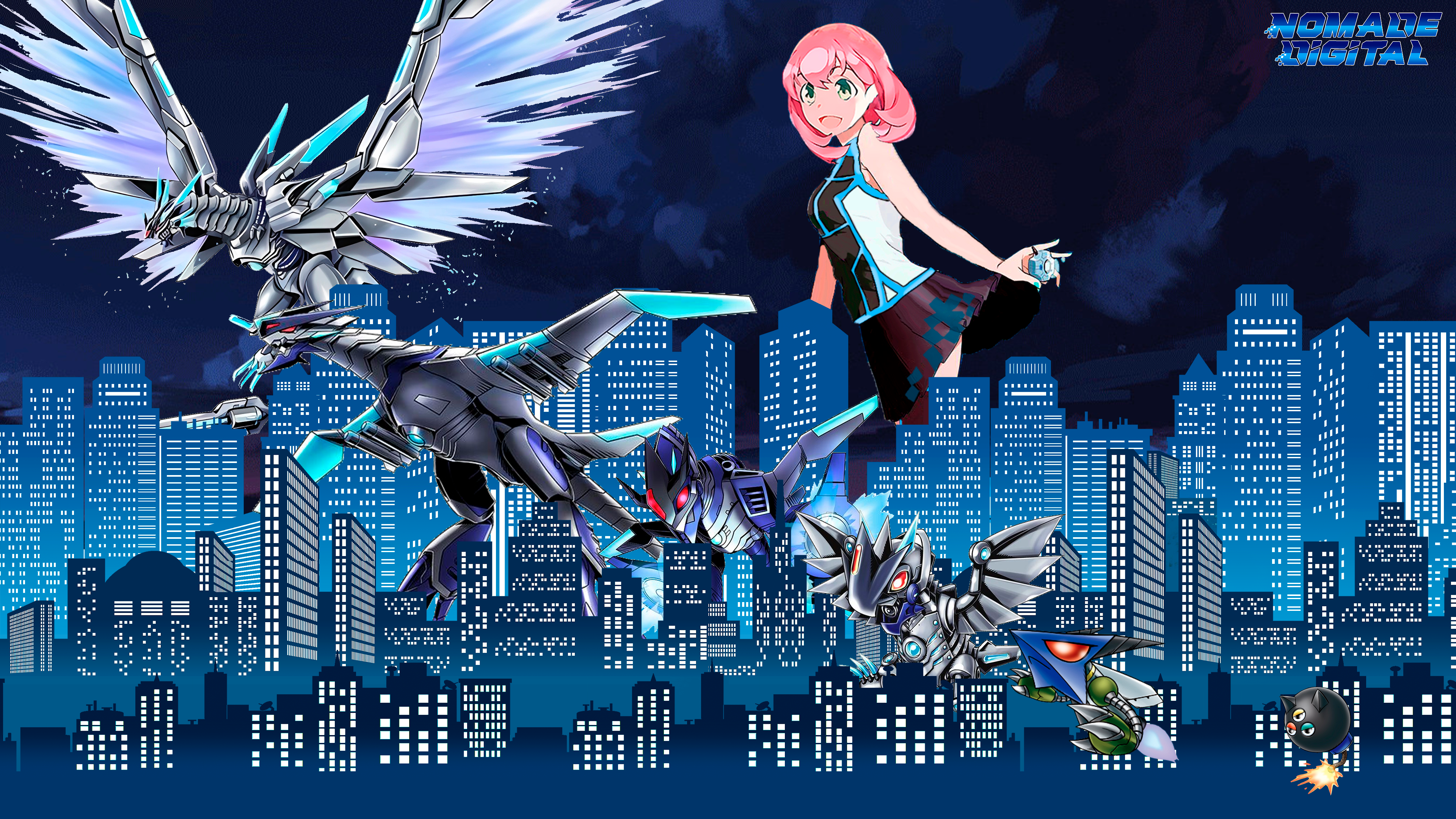 1girl :d absurdres bommon bug building butterfly city cloud digimon digimon_(creature) digimon_card_game digimon_linkz digivice evolutionary_line green_eyes highres i_wish insect jazamon jazardmon jazarichmon kurihara_hina layered_skirt metallicdramon missimon night non-web_source open_mouth outdoors pink_hair skirt sky skyscraper smile spanish_commentary