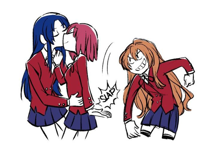 3girls aisaka_taiga blue_hair blue_skirt brown_hair jacket kawashima_ami kiss kushieda_minori meme multiple_girls red_hair red_jacket shirt skirt toradora! white_shirt yuri