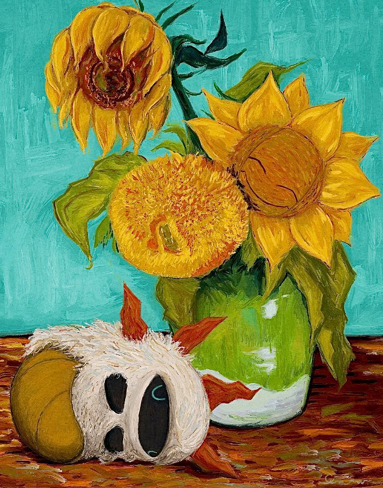 2others ^_^ blue_background bug closed_eyes flower gen_2_pokemon gen_5_pokemon gyura larva larvesta multiple_others nintendo no_headwear no_humans painting_(medium) plant_monster pokemon pokemon_(creature) sleeping smile sunflora sunflower table traditional_media u_u vase white_fur