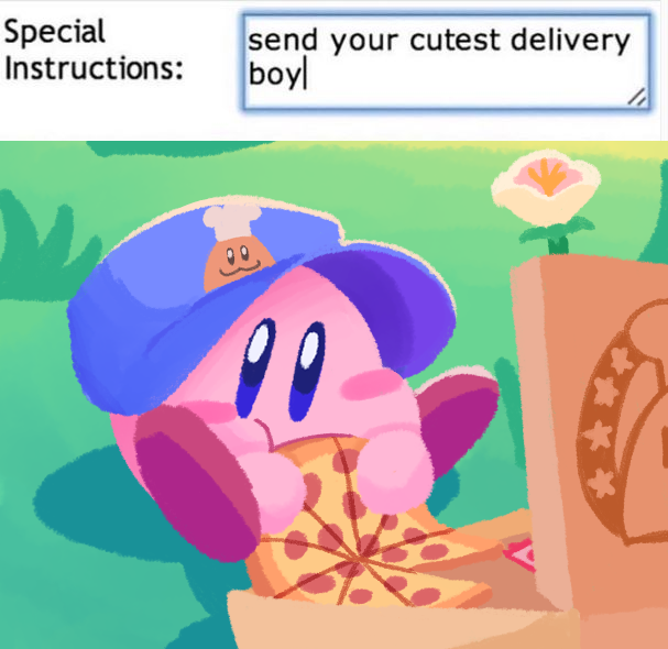 blue_hat blush_stickers character_print chef_kawasaki colored_skin delivery flower food food_in_mouth hat holding holding_food holding_pizza kirby kirby_(series) looking_at_viewer martisno nintendo no_humans pink_skin pizza pizza_box solo star_(symbol)