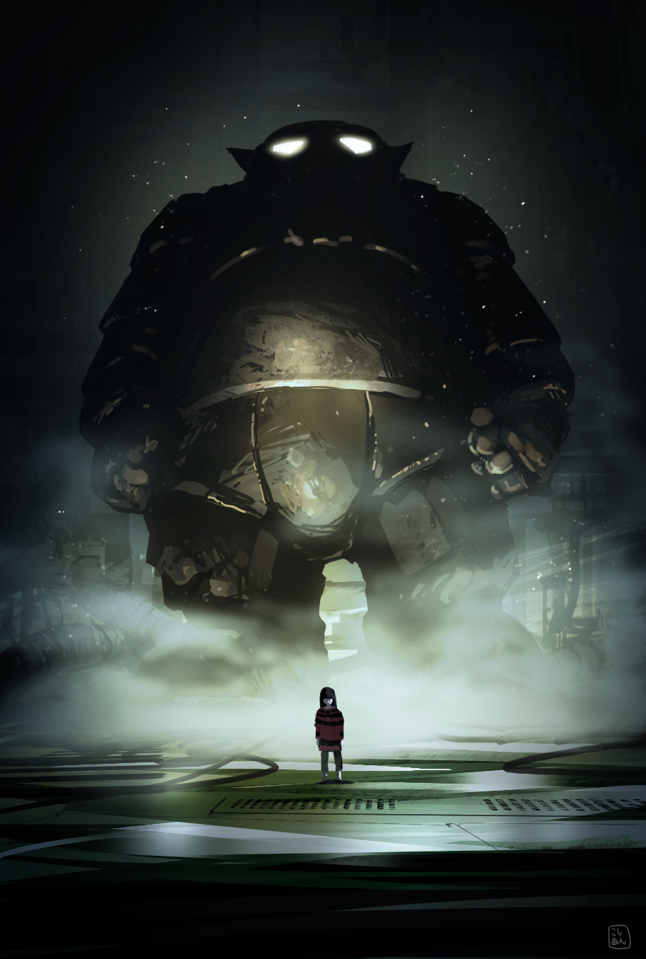 1girl black_hair blunt_bangs clenched_hands colored_skin glowing glowing_eyes highres industrial_pipe kosian light_particles light_rays long_hair machinery original robot scratches shaded_face size_difference smoke standing tube white_skin