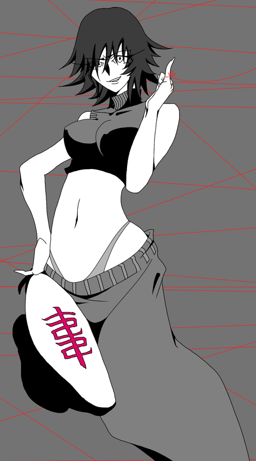 1girl bare_legs blush breasts chinese_clothes crop_top female_focus fushoku houshin_engi large_breasts looking_at_viewer monochrome ou_kijin short_hair smile solo tattoo thong