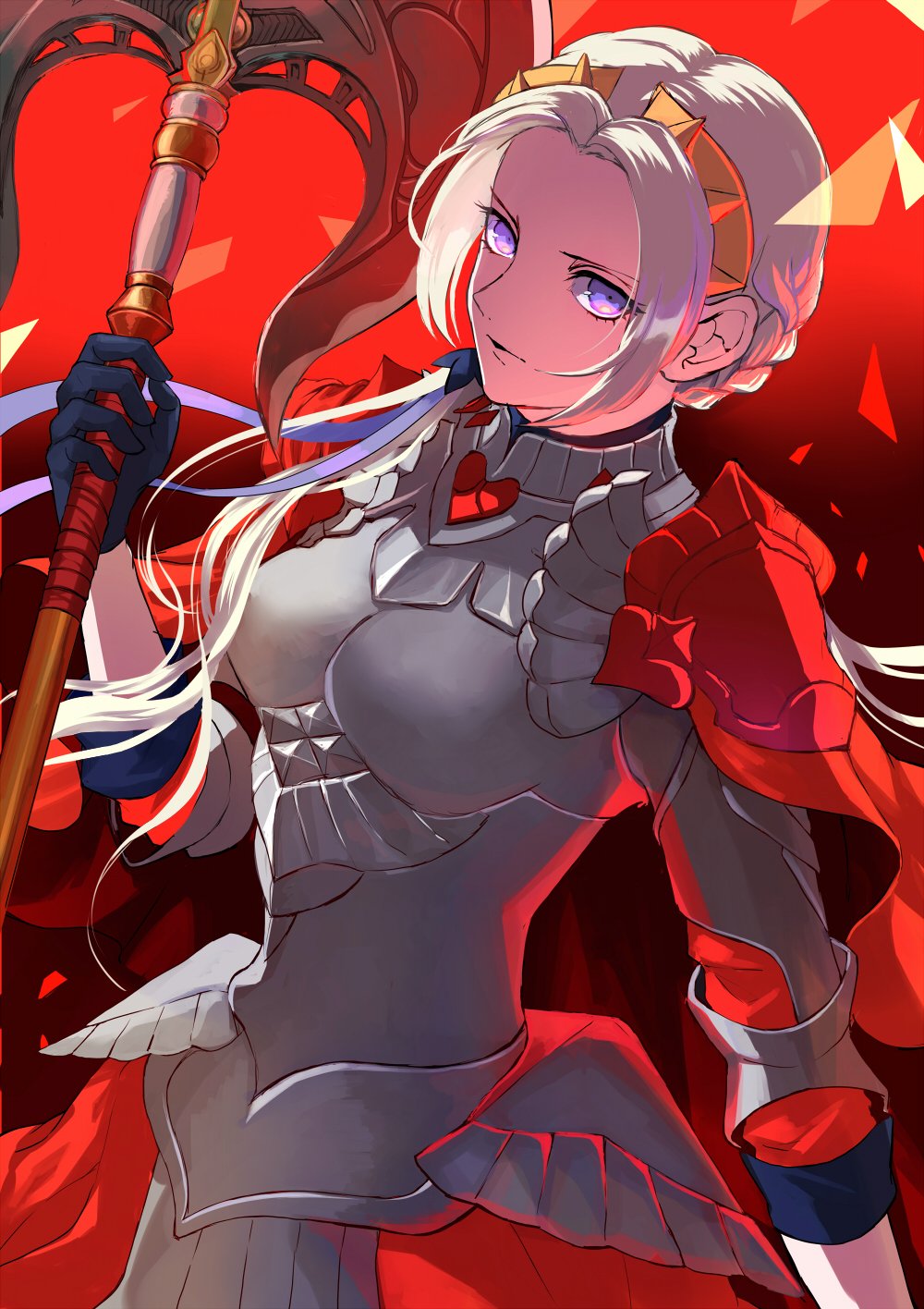 1girl armor armored_dress axe aymr_(fire_emblem) black_gloves cape cowboy_shot dress dutch_angle edelgard_von_hresvelg fire_emblem fire_emblem:_three_houses fire_emblem_warriors fire_emblem_warriors:_three_hopes forehead gloves gradient_background hair_ornament highres holding holding_axe long_hair looking_at_viewer nintendo nishikawa_(fe) purple_eyes purple_ribbon red_background red_cape ribbon short_sleeves shoulder_armor solo white_hair