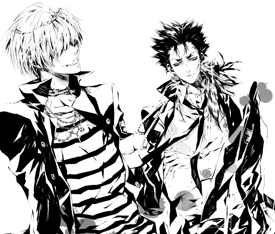 belphegor_(reborn) blouse calligraphy_brush_(medium) ciel1533 commentary_request greyscale jewelry katekyo_hitman_reborn! male_focus monochrome multiple_boys necklace nib_pen_(medium) pen_(medium) shirt simple_background striped_clothes striped_shirt traditional_media varia white_background xanxus