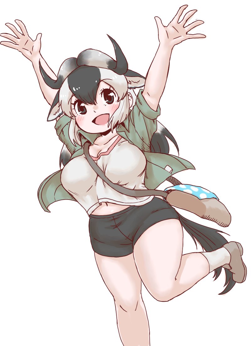antelope_ears antelope_horns arms_up bag black_hair blue_wildebeest_(kemono_friends) blush brown_eyes brown_footwear cosplay extra_ears green_jacket hair_between_eyes handbag jacket kemono_friends long_hair maki_(02uh14l1b740ao2) midriff_peek multicolored_hair nana_(kemono_friends) nana_(kemono_friends)_(cosplay) navel open_clothes open_jacket open_mouth shirt short_sleeves sidelocks smile socks standing standing_on_one_leg two-tone_hair white_hair white_shirt white_socks