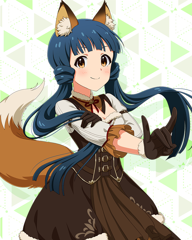 1girl animal_ear_fluff animal_ears blue_hair blunt_bangs blunt_ends blush bodice breasts brown_dress brown_gloves cleavage closed_mouth detached_collar dirndl dot_nose dress fake_animal_ears floating_hair fox_ears fox_shadow_puppet fox_tail frilled_sleeves frills fur-trimmed_collar fur-trimmed_gloves fur_trim german_clothes gloves holding_own_arm idolmaster idolmaster_million_live! idolmaster_million_live!_theater_days kitakami_reika konkon_comfort_(idolmaster) long_hair looking_at_viewer medium_breasts neck_ribbon official_alternate_costume official_art ribbon shirt sleeveless sleeveless_dress three-quarter_sleeves solo tail triangle_background twintails underbust very_long_hair white_shirt yellow_eyes