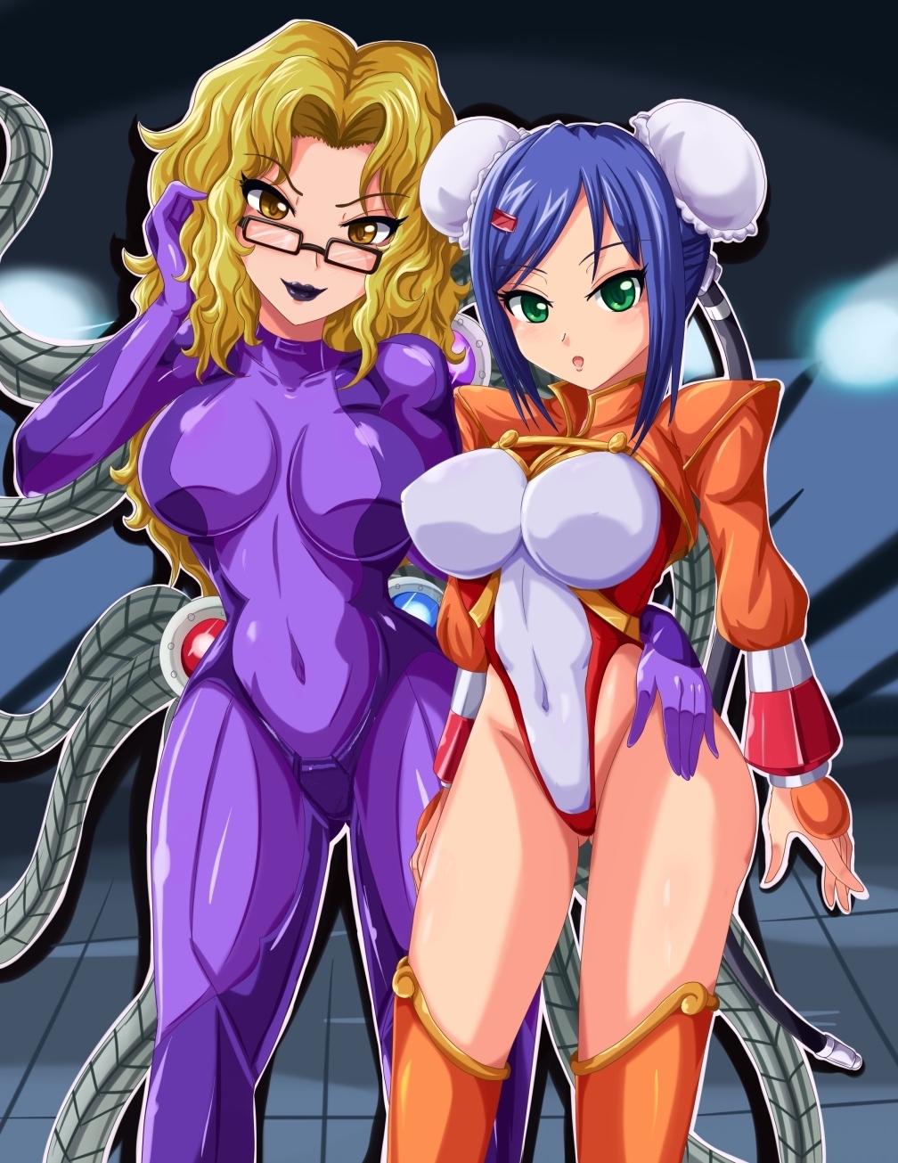 2girls arcana_heart black_lips blonde_hair blue_eyes blue_hair breasts cleavage dark_background female_focus glados glasses hand_on_own_ear hand_on_own_hip highres human_version humanized_glados large_breasts leotard looking_at_viewer mei-fang multicolored_leotard multiple_girls open_mouth orange_leotard portal_(series) red_leotard seductive_smile short_hair sigurdhosenfeld smile tentacles thick_thighs thighs tone_leotard two-tone_leotard white_leotard yellow_eyes zero_suit