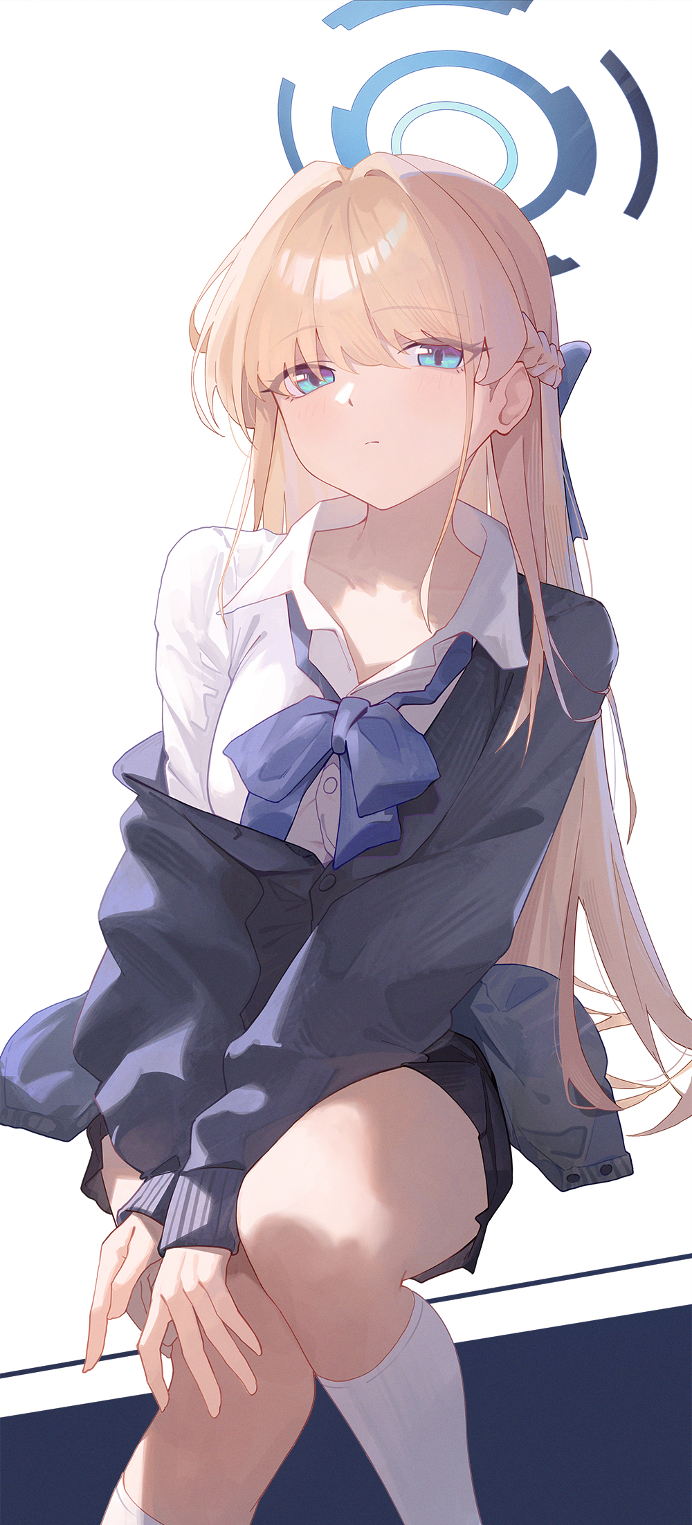 1girl black_skirt blonde_hair blue_archive blue_cardigan blue_eyes blue_ribbon braid cardigan feet_out_of_frame half_up_braid halo highres kneehighs long_hair looking_at_viewer loose_neck_ribbon neck_ribbon official_alternate_costume open_collar ribbon school_uniform shirt sitting skirt socks solo sukaliya toki_(blue_archive) toki_(school_uniform)_(blue_archive) very_long_hair white_shirt white_socks