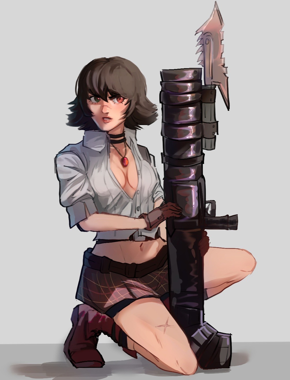 1girl black_hair breasts brown_gloves cleavage devil_may_cry devil_may_cry_(series) devil_may_cry_3 gloves grey_background heterochromia highres holding holding_rocket_launcher holding_weapon jewelry kalina_ann_(weapon) kneeling lady_(devil_may_cry) midriff navel necklace parted_lips red_eyes rocket_launcher scar scar_on_face scar_on_leg scar_on_nose shirt shutcakee simple_background skirt weapon white_shirt
