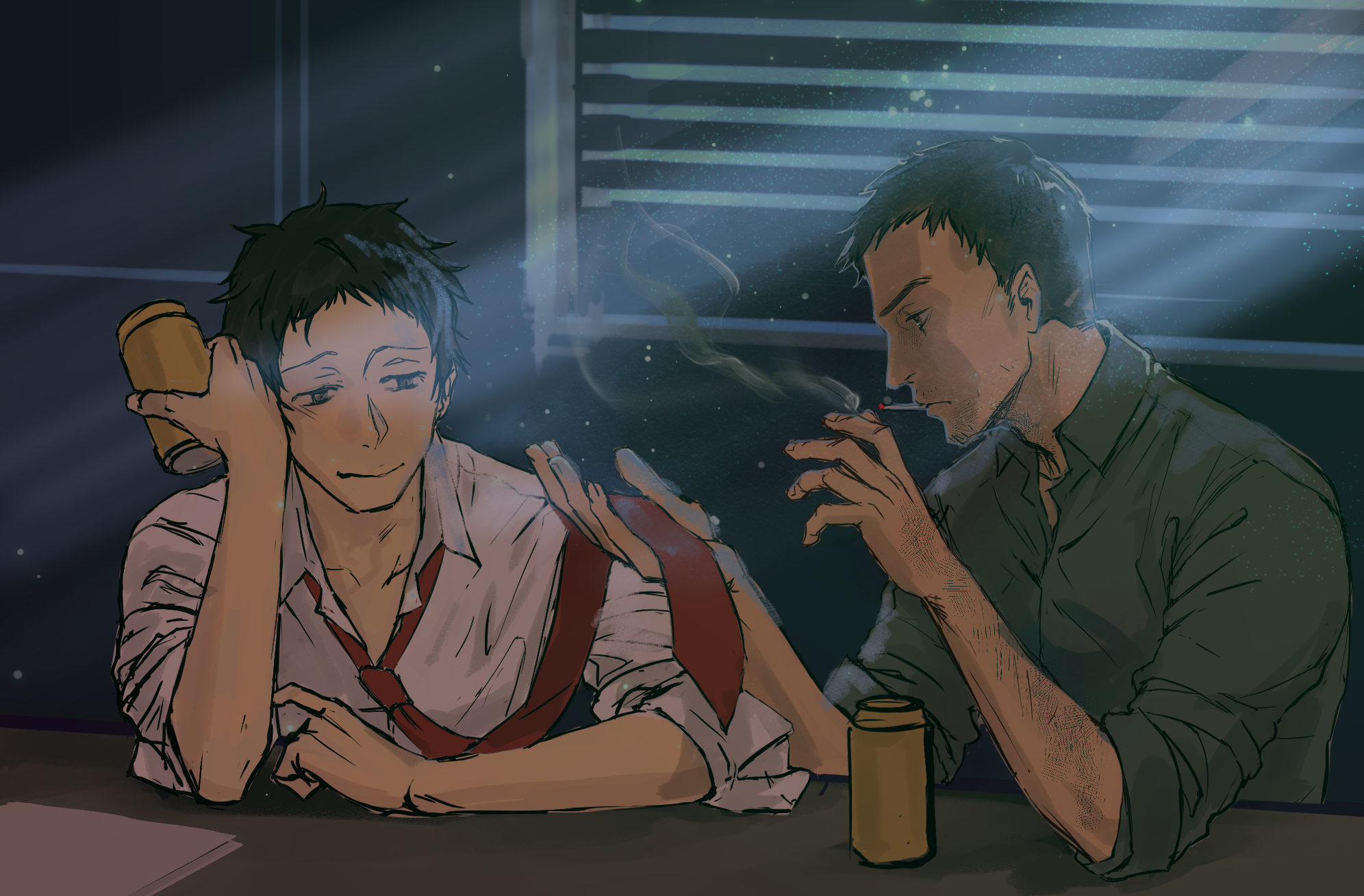 2boys adachi_tooru arm_hair arm_on_table arm_up black_eyes black_hair can cigarette doujima_ryoutarou elbow_on_table grey_shirt hand_on_own_head highres holding holding_can holding_necktie light_particles light_rays light_smile morrisuit multiple_boys persona persona_4 shirt short_hair sleeves_rolled_up smoke smoke_trail smoking