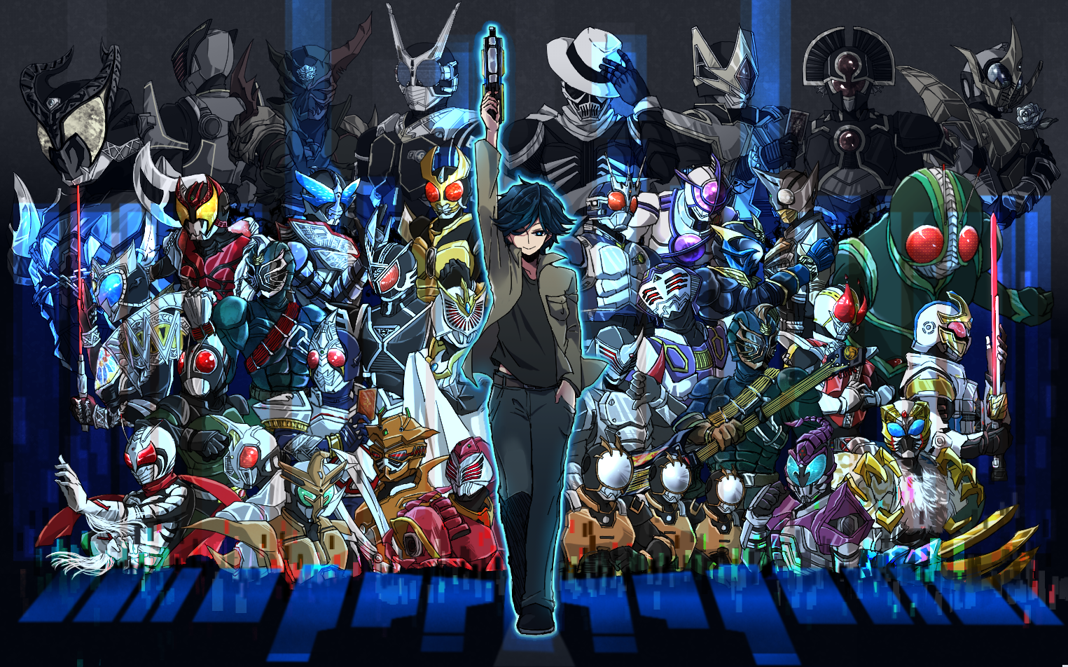 adjusting_clothes adjusting_headwear belt card claw_(weapon) clenched_hand fedora flower guitar gun hand_in_pocket hat instrument jacket kaitou_daiki kamen_rider kamen_rider_agito kamen_rider_arc kamen_rider_black_rx kamen_rider_blade kamen_rider_caucasus kamen_rider_dcd kamen_rider_delta kamen_rider_den-o kamen_rider_drake kamen_rider_femme kamen_rider_g3 kamen_rider_g4 kamen_rider_gai kamen_rider_glaive kamen_rider_hercus kamen_rider_ibuki kamen_rider_ixa kamen_rider_j kamen_rider_kabuki kamen_rider_ketaros kamen_rider_kiva kamen_rider_orga kamen_rider_ouja kamen_rider_psyga kamen_rider_punch_hopper kamen_rider_raia kamen_rider_rey kamen_rider_ryuga kamen_rider_saga kamen_rider_sasword kamen_rider_scissors kamen_rider_skull kamen_rider_super-1 kamen_rider_todoroki kamen_rider_zanki pointing pointing_up riotrooper rose scarf sword weapon yoshino_(gunform)